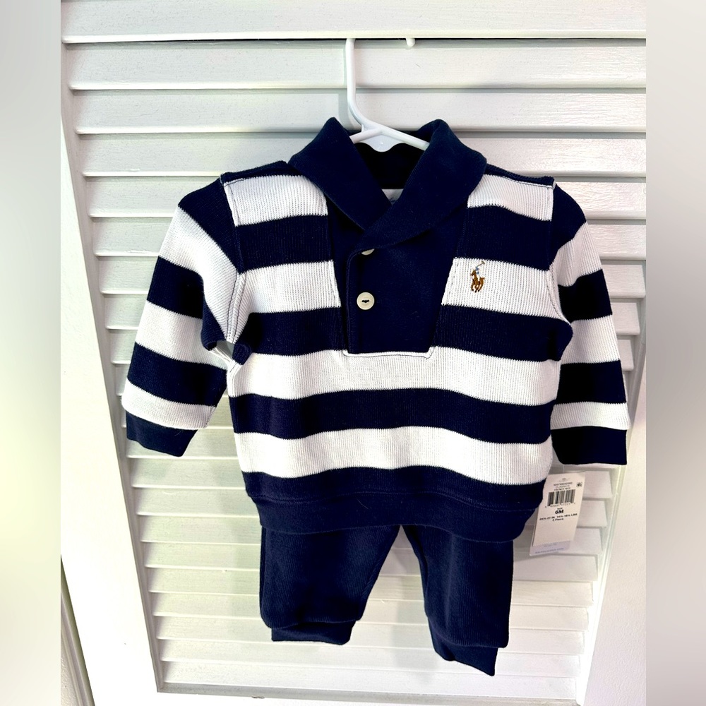 NWT RALPH LAUREN NAVY LONG SLEEVE STRIPED SWEATER & PANTS SET SZ 6 MONTHS
